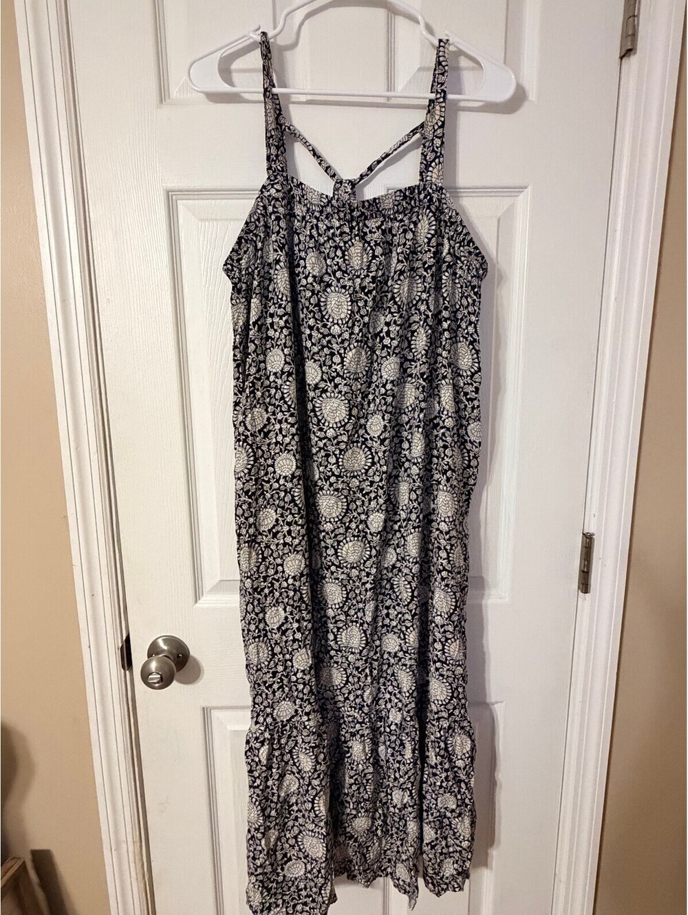 Old Navy Black Floral Midi Dress XL Tie Back Strappy Sundress Boho Tiered Hem